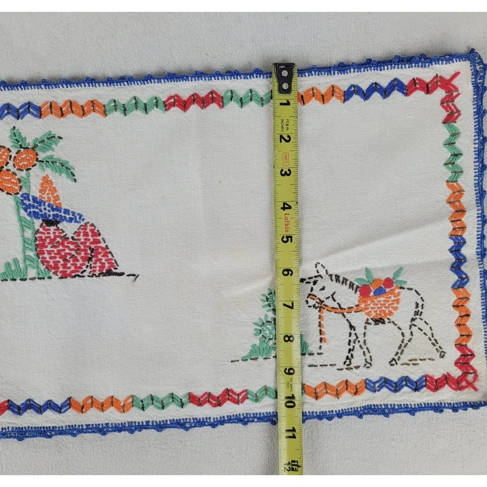 Vintage Mexican Hand Embroidered Table Linen Set 5pc Siesta‎ Donkey Folk Art